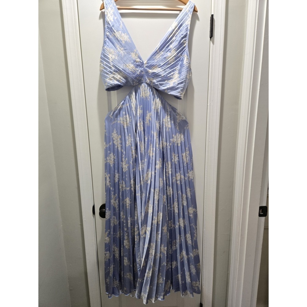 Abercrombie & Fitch Satin Giselle Pleated Cutout Maxi Dress Blue Floral XLT